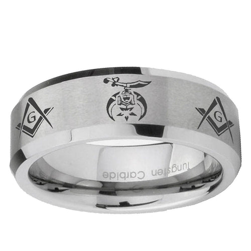 10mm Masonic Shriners Beveled Edge Matte Grey Tungsten Ring