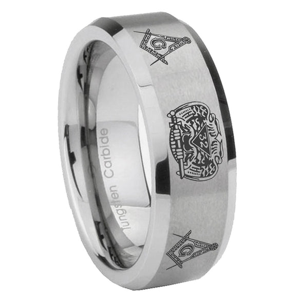 10mm-Masonic-32-Design-Beveled-Edges-Matte-Grey-Tungsten-Carbide-Mens-Ring