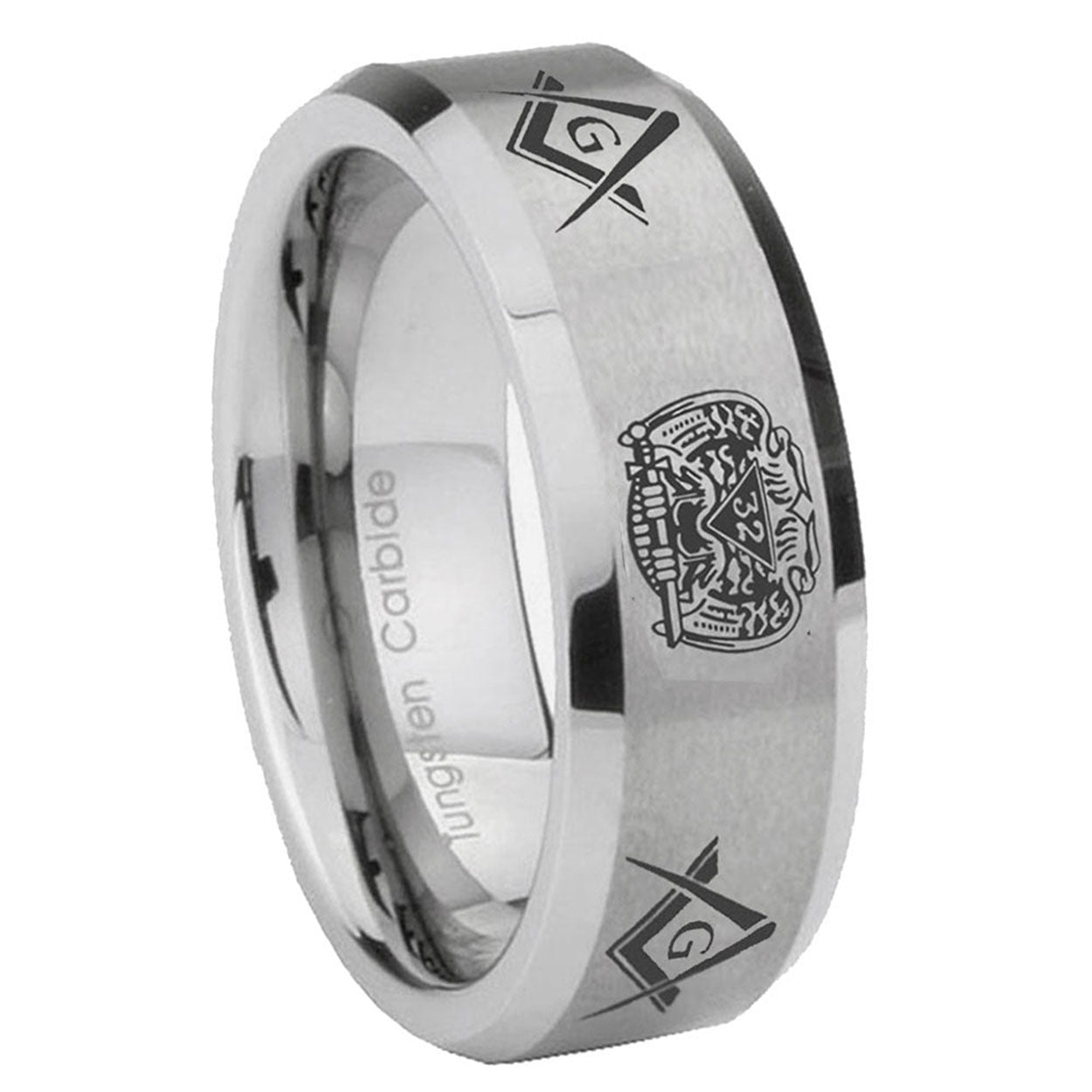 8MM Masonic 32 Design Beveled Brushed Gray Tungsten Ring For Men