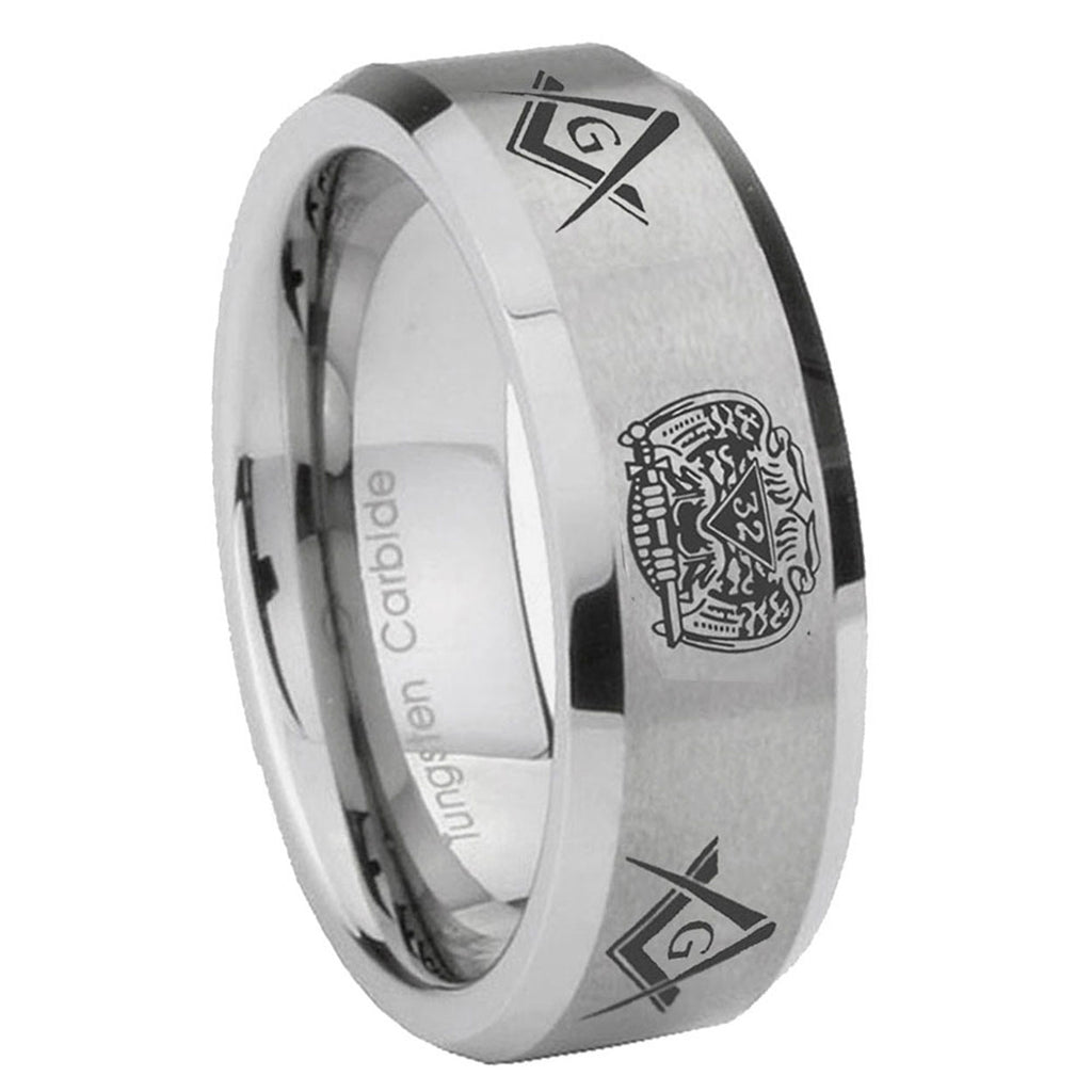 10mm Masonic 32 Design Beveled Edges Matte Grey Tungsten Carbide Mens Ring