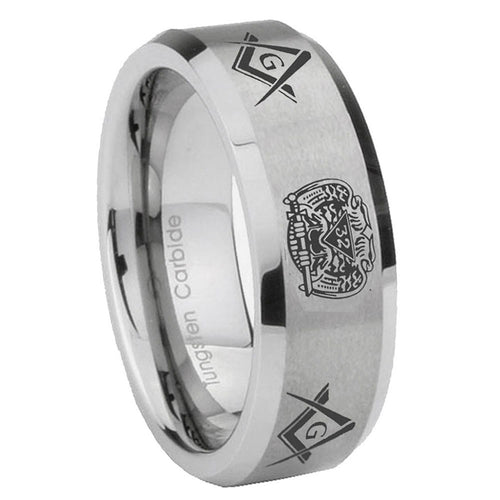 10mm Masonic 32 Design Beveled Edges Matte Grey Tungsten Carbide Mens Ring