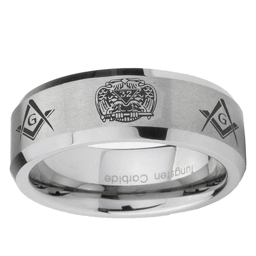 6MM Masonic 32 Design Beveled Brushed Gray Tungsten Ring For Men