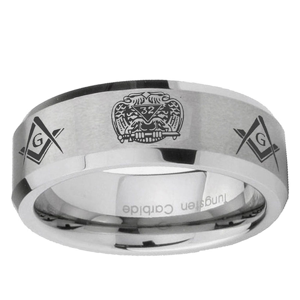 6MM Masonic 32 Design Beveled Brushed Gray Tungsten Ring For Men