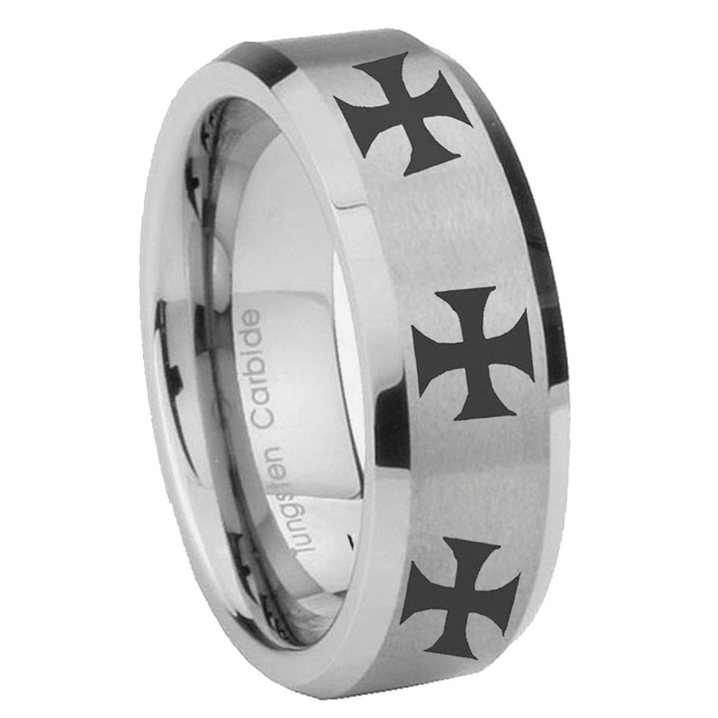 8MM Multiple Maltese Cross Beveled Brushed Gray Tungsten Wedding Band