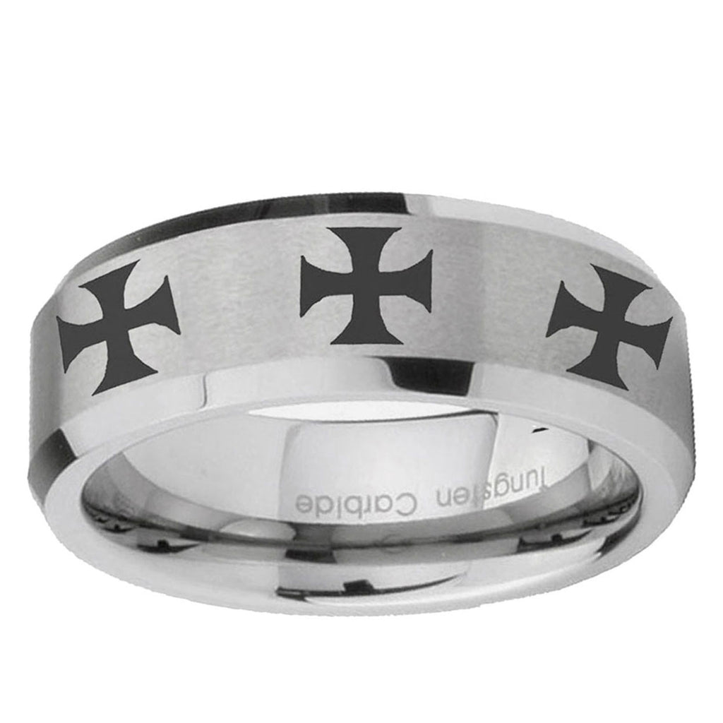 6MM Multiple Maltese Cross Beveled Brushed Gray Tungsten Wedding Band