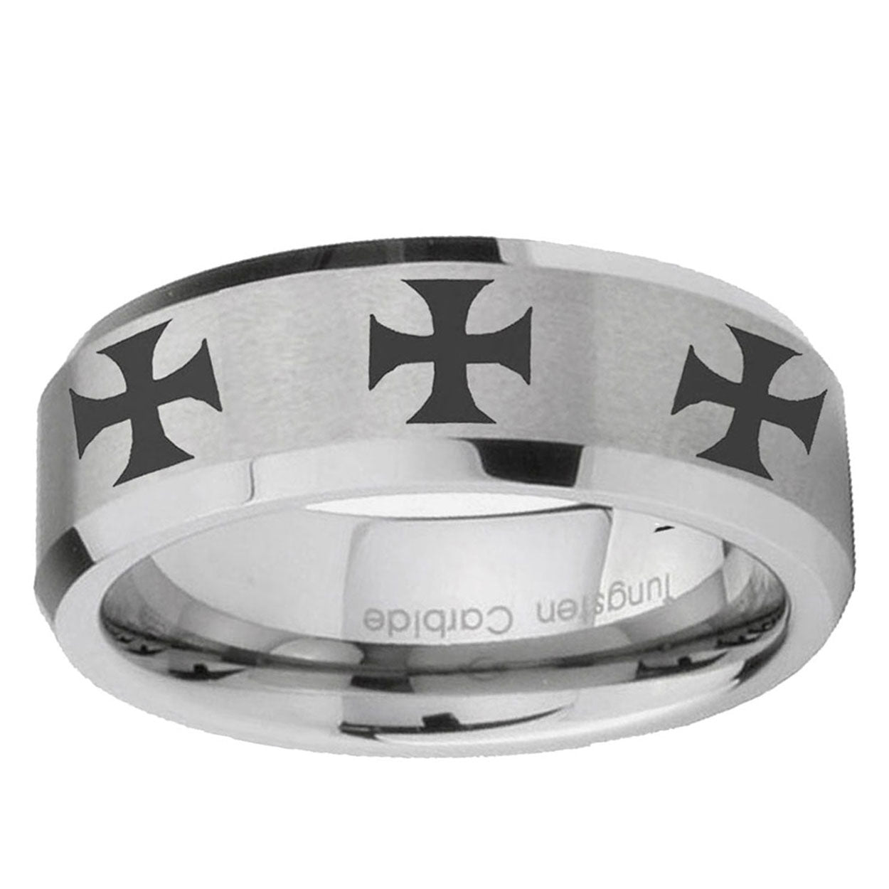 10mm Multiple Maltese Cross Beveled Edge Matte Grey Tungsten Mens Wedding Band