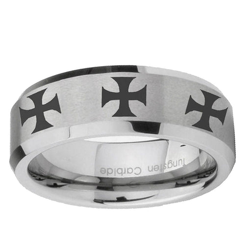 10mm Multiple Maltese Cross Beveled Edge Matte Grey Tungsten Mens Wedding Band
