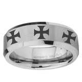 6, 8mm Multiple Maltese Cross Beveled Edge Brushed Grey Tungsten Ring