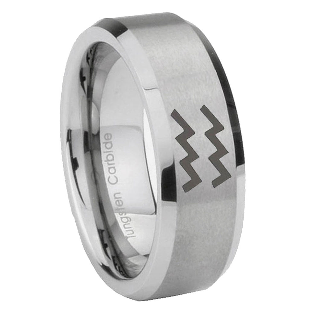 8MM Aquarius Horoscope Beveled Brushed Gray Tungsten Ring For Man