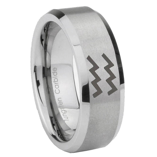 10mm Aquarius Horoscope Beveled Edges Matte Grey Tungsten Carbide Men's Bands Ring
