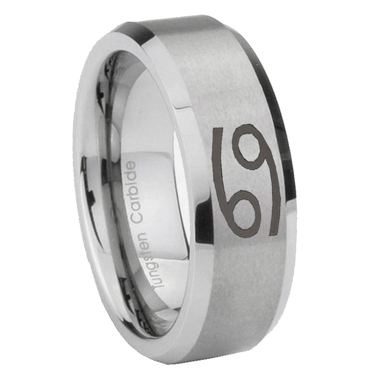 8MM Cancer Horoscope Beveled Brushed Gray Tungsten Mens Casual Ring