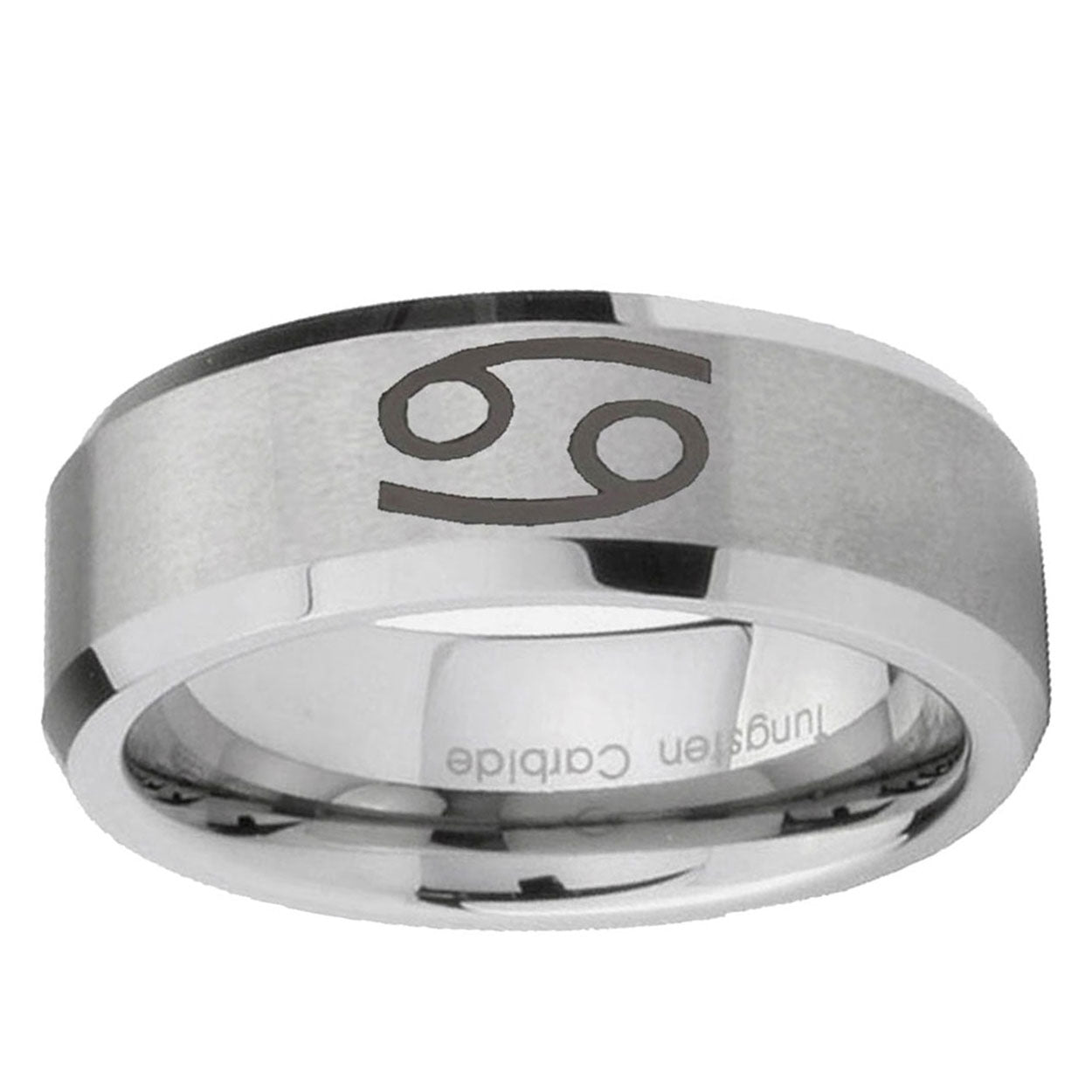 6MM Cancer Horoscope Beveled Brushed Gray Tungsten Mens Casual Ring