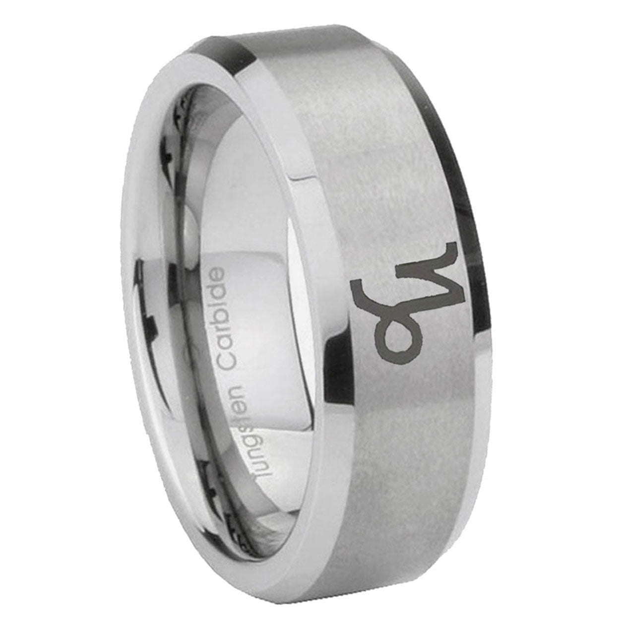 8MM Capricorn Zodiac Beveled Brushed Gray Tungsten Man Wedding Ring