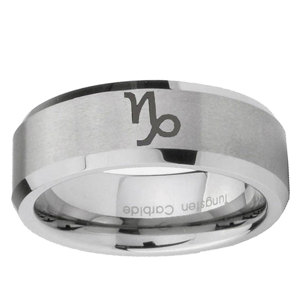 10mm Capricorn Zodiac Beveled Edge Matte Grey Tungsten Mens Engagement Ring