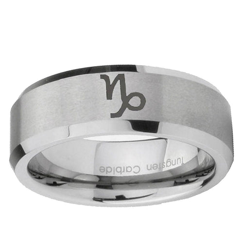 10mm Capricorn Zodiac Beveled Edge Matte Grey Tungsten Mens Engagement Ring