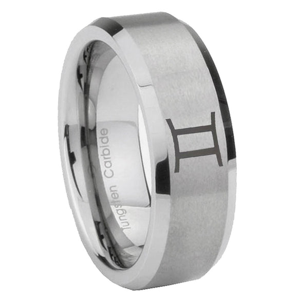 10mm-Gemini-Zodiac-Beveled-Edges-Matte-Grey-Tungsten-Carbide-Men's-Engagement-Ring