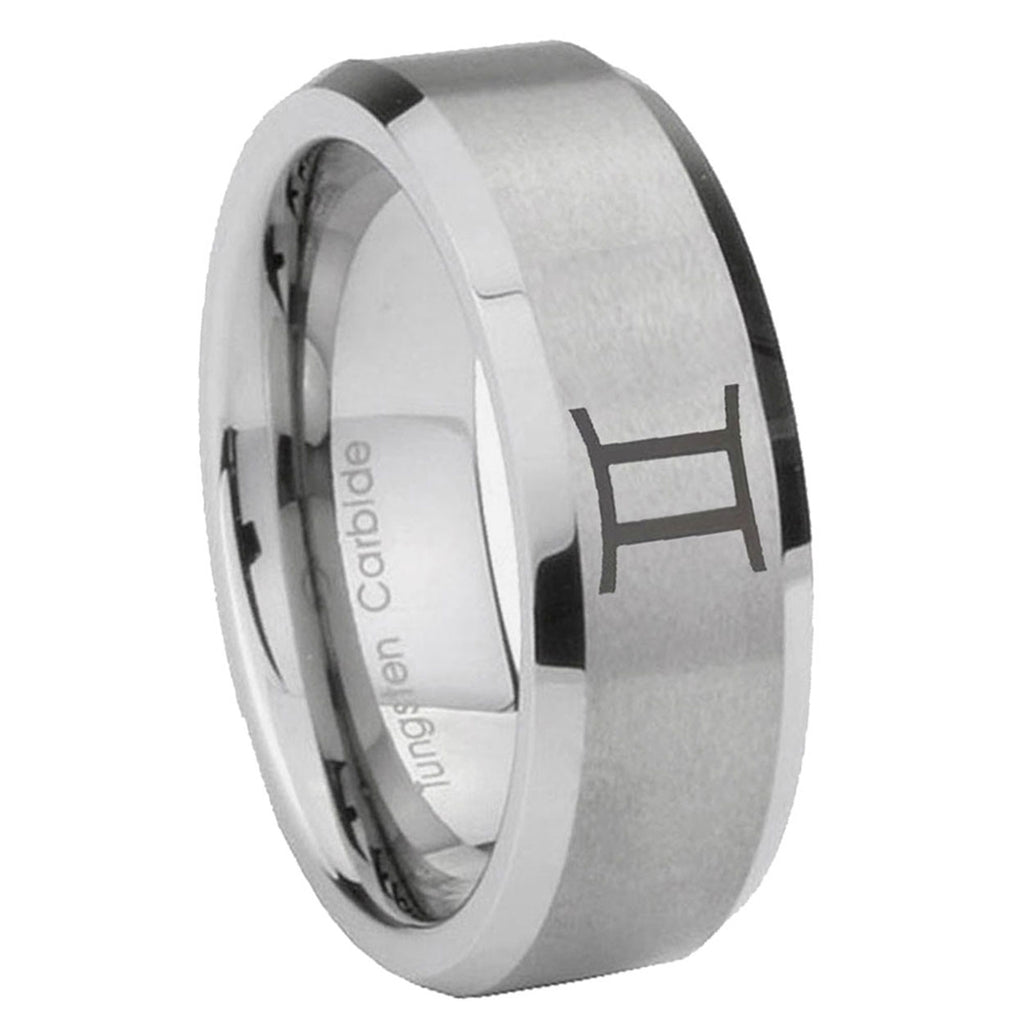 8MM Gemini Zodiac Beveled Brushed Gray Tungsten Promise Ring For Men