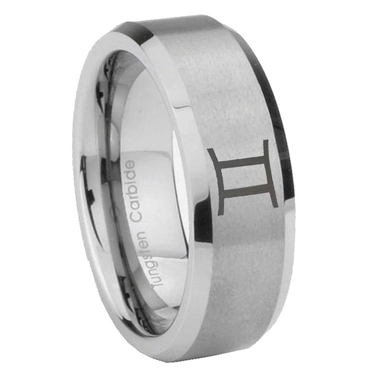 8MM Gemini Zodiac Beveled Brushed Gray Tungsten Promise Ring For Men