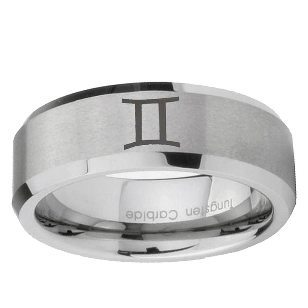 10mm Gemini Zodiac Beveled Edge Matte Grey Tungsten Ring