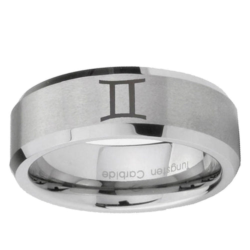 10mm Gemini Zodiac Beveled Edge Matte Grey Tungsten Ring