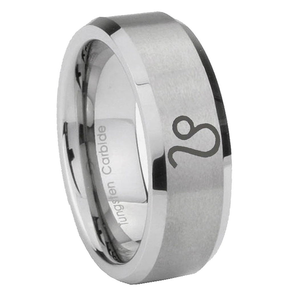 10mm Leo Zodiac Beveled Edges Matte Grey Tungsten Carbide Mens Promise Ring