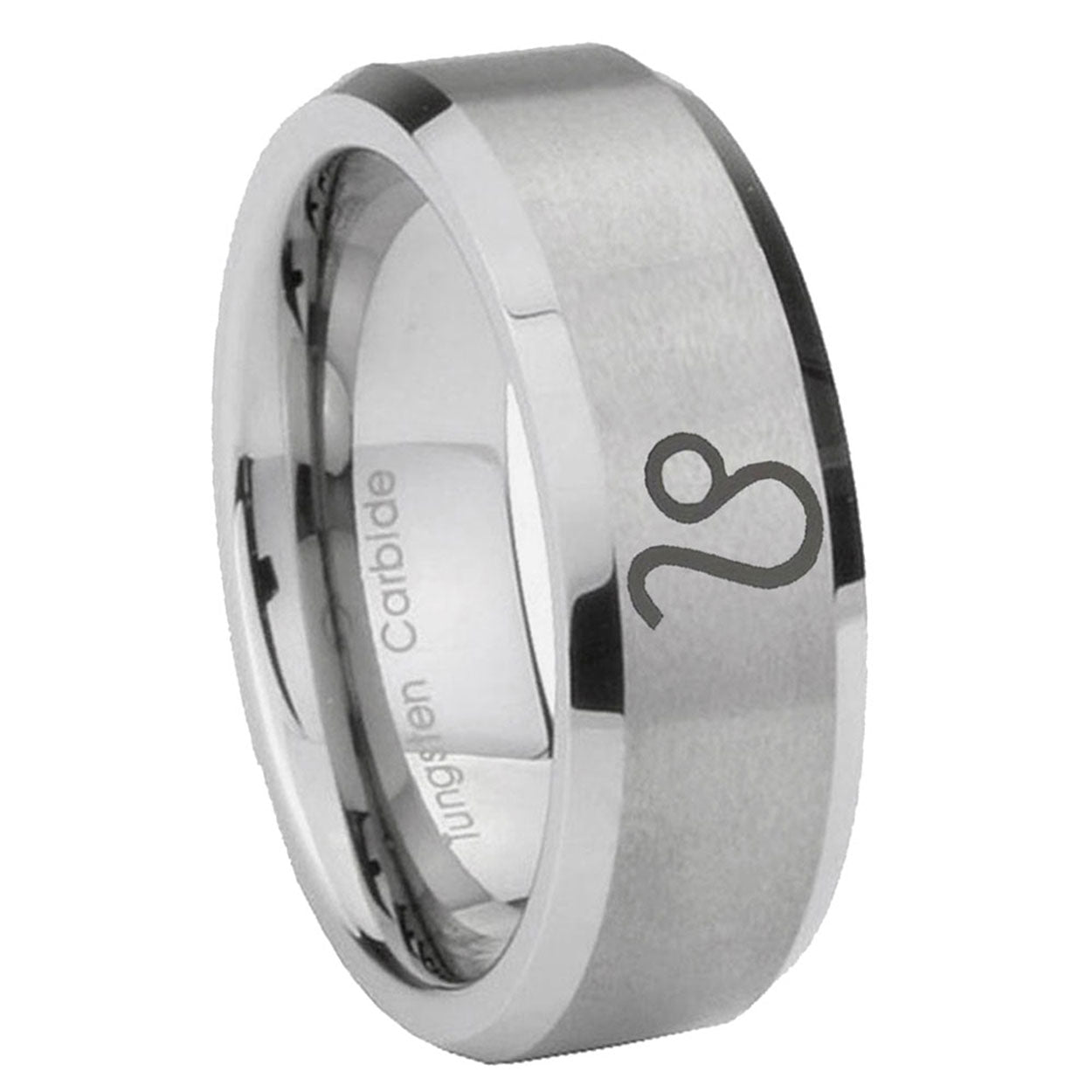 10mm Leo Zodiac Beveled Edges Matte Grey Tungsten Carbide Mens Promise Ring
