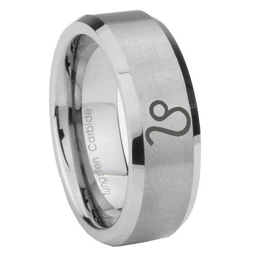 10mm Leo Zodiac Beveled Edges Matte Grey Tungsten Carbide Mens Promise Ring