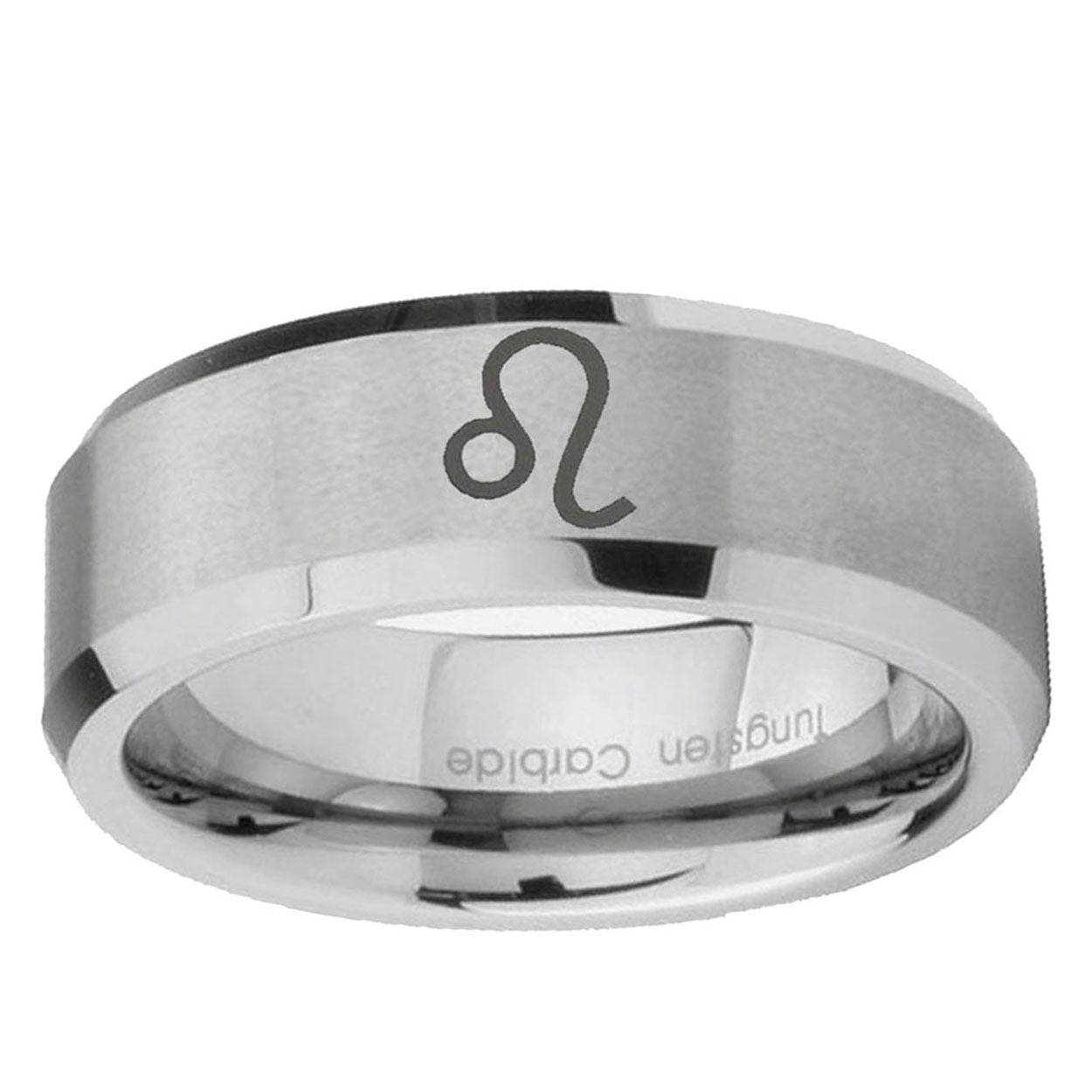 6MM Leo Zodiac Beveled Brushed Gray Tungsten Mens Ring