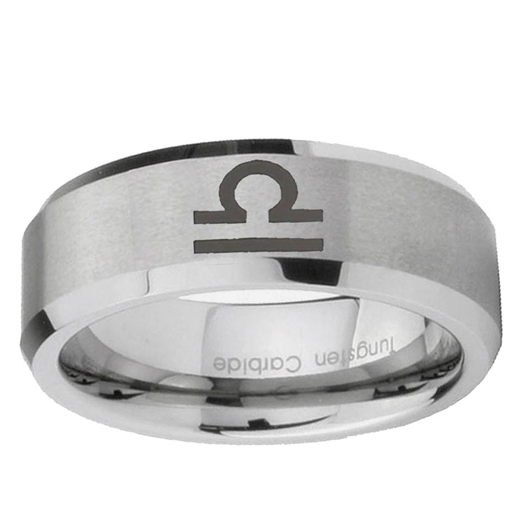6MM Libra Horoscope Beveled Brushed Gray Tungsten Mens Engagement Ring