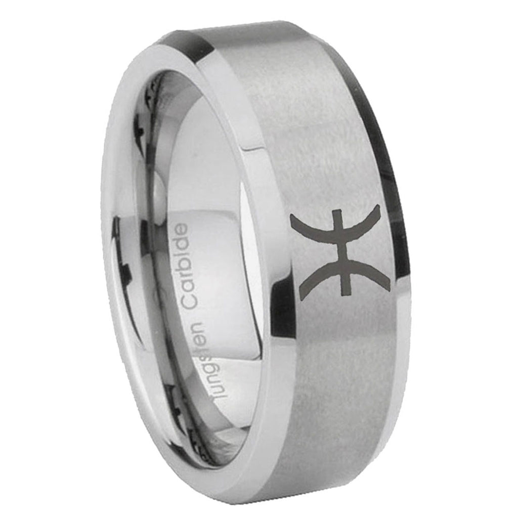 10mm Pisces Zodiac Beveled Edges Matte Grey Tungsten Carbide Mens Ring