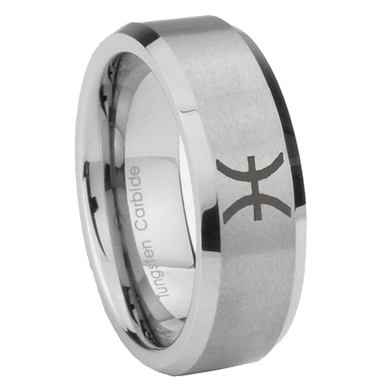 10mm Pisces Zodiac Beveled Edges Matte Grey Tungsten Carbide Mens Ring