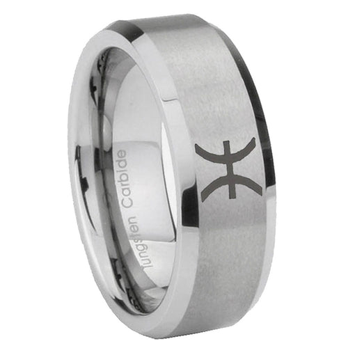 10mm Pisces Zodiac Beveled Edges Matte Grey Tungsten Carbide Mens Ring