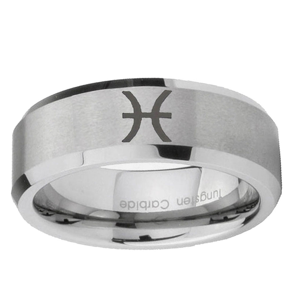 6MM Pisces Zodiac Beveled Brushed Gray Tungsten Promise Ring For Him