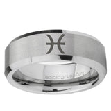 6, 8mm Pisces Zodiac Beveled Edge Brushed Grey Tungsten Ring