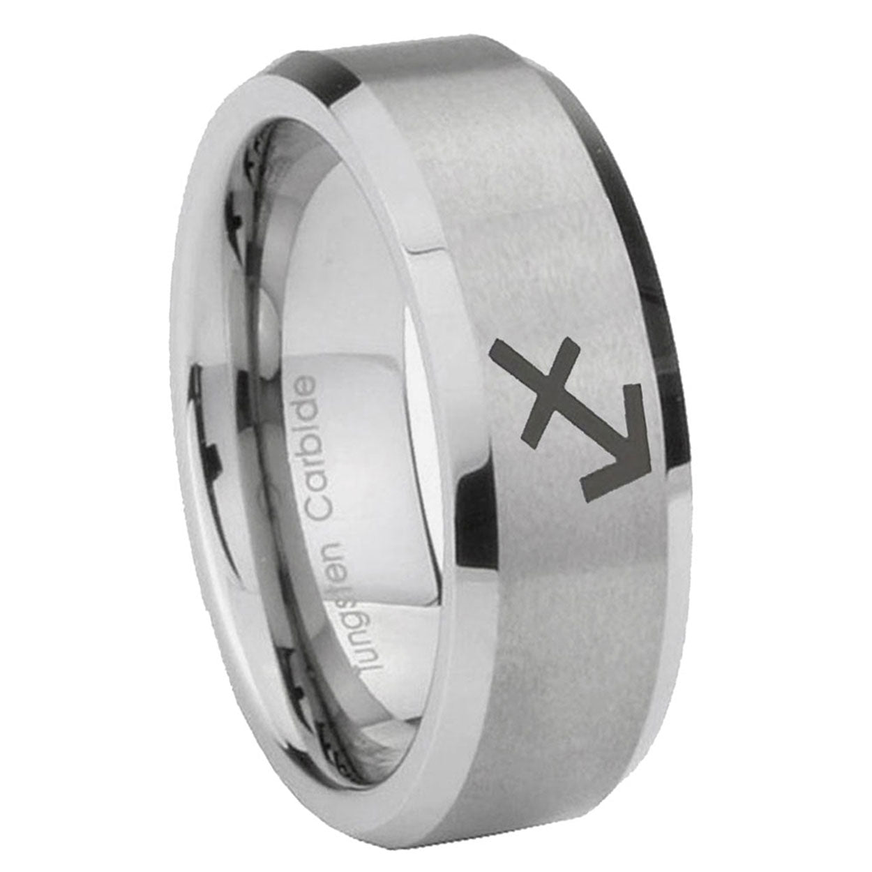8MM Sagittarius Zodiac Beveled Brushed Gray Tungsten Ring For Him