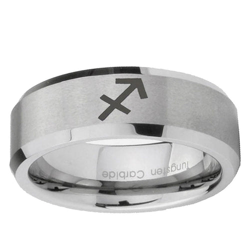 10mm Sagittarius Zodiac Beveled Edge Matte Grey Tungsten Ring