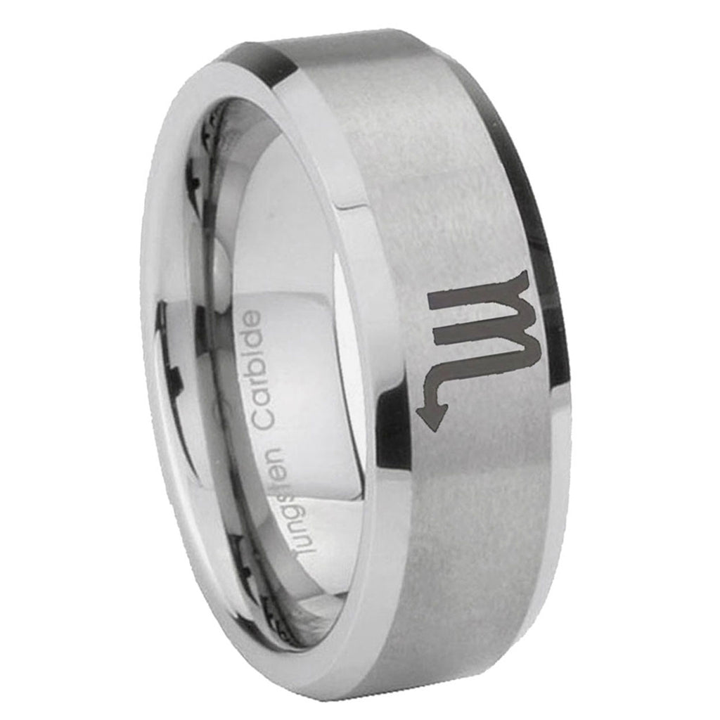 10mm Scorpio Horoscope Beveled Edges Matte Grey Tungsten Carbide Mens Ring Engraved
