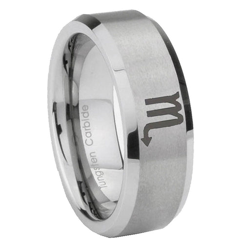 10mm Scorpio Horoscope Beveled Edges Matte Grey Tungsten Carbide Mens Ring Engraved