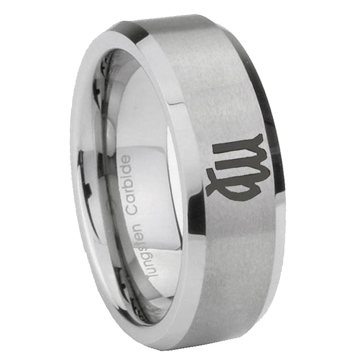 8MM Virgo Zodiac Beveled Brushed Gray Tungsten Promise Ring Guys