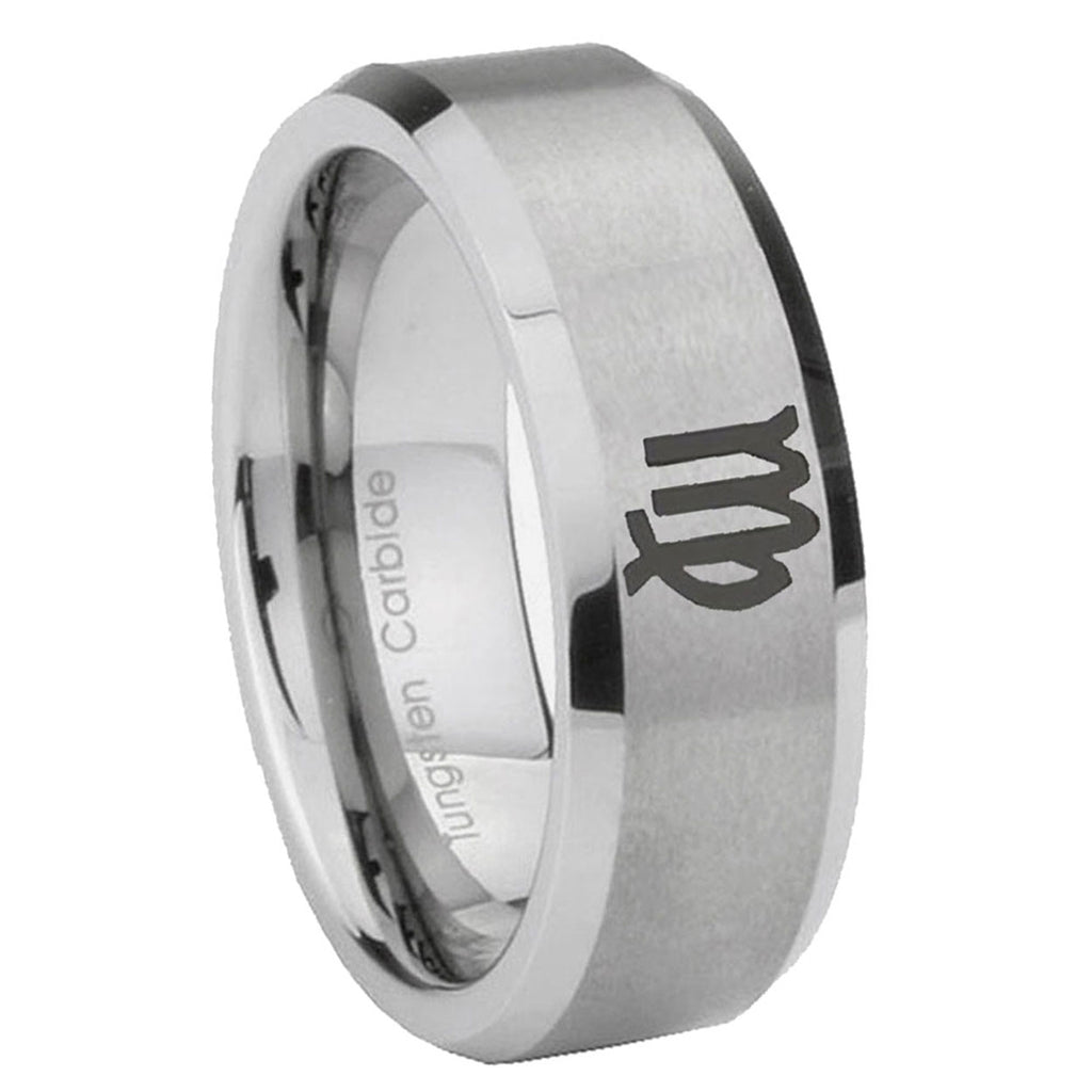 10mm Virgo Zodiac Beveled Edges Matte Grey Tungsten Carbide Mens Wedding Band