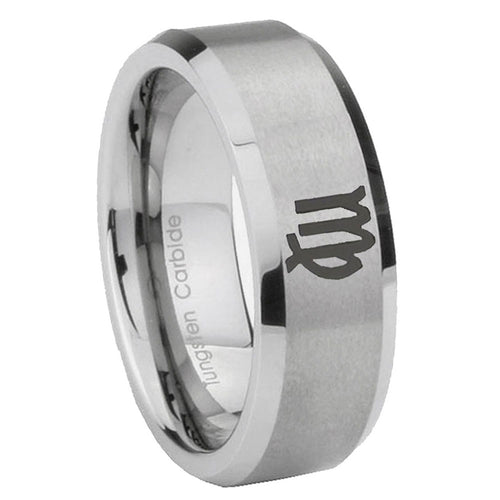10mm Virgo Zodiac Beveled Edges Matte Grey Tungsten Carbide Mens Wedding Band