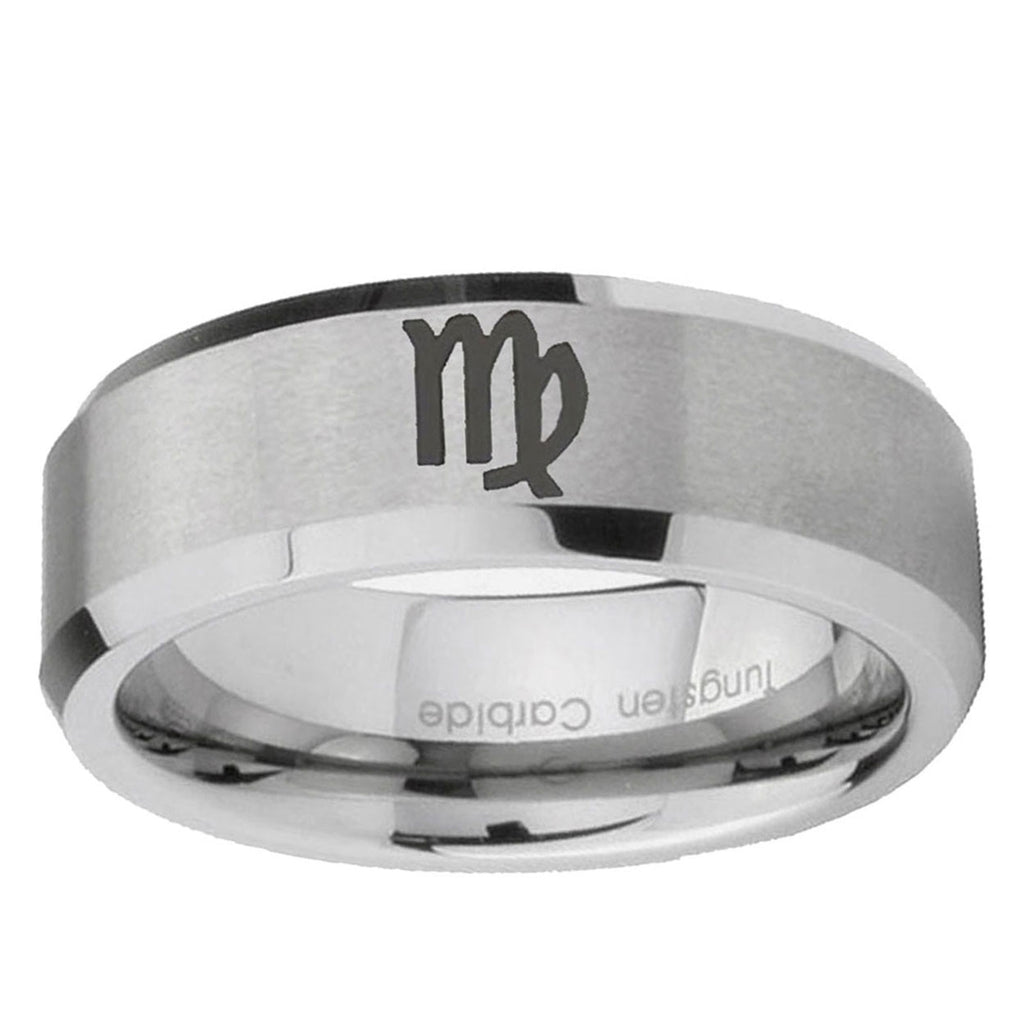 6MM Virgo Zodiac Beveled Brushed Gray Tungsten Promise Ring Guys