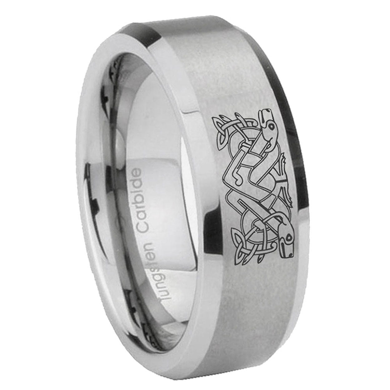 8MM Celtic Dog Beveled Brushed Gray Tungsten Ring Men