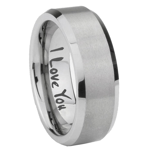 6, 8mm I Love You Beveled Edge Brushed Grey Tungsten Men's Wedding Ring