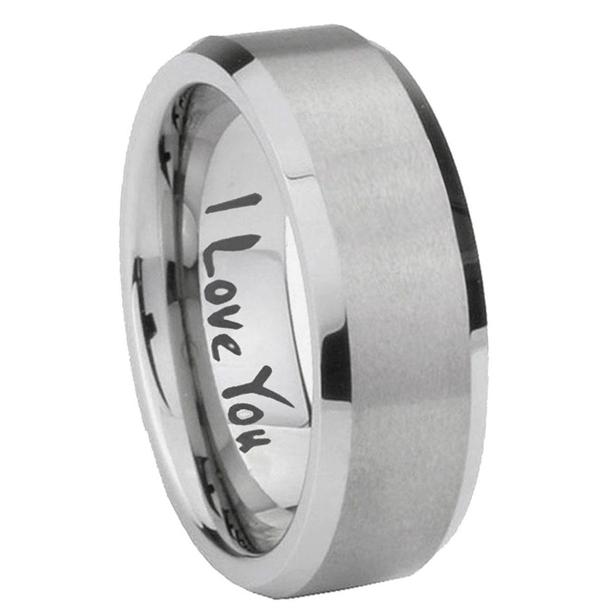 8MM I Love You Beveled Gray Tungsten Promise Ring For Men