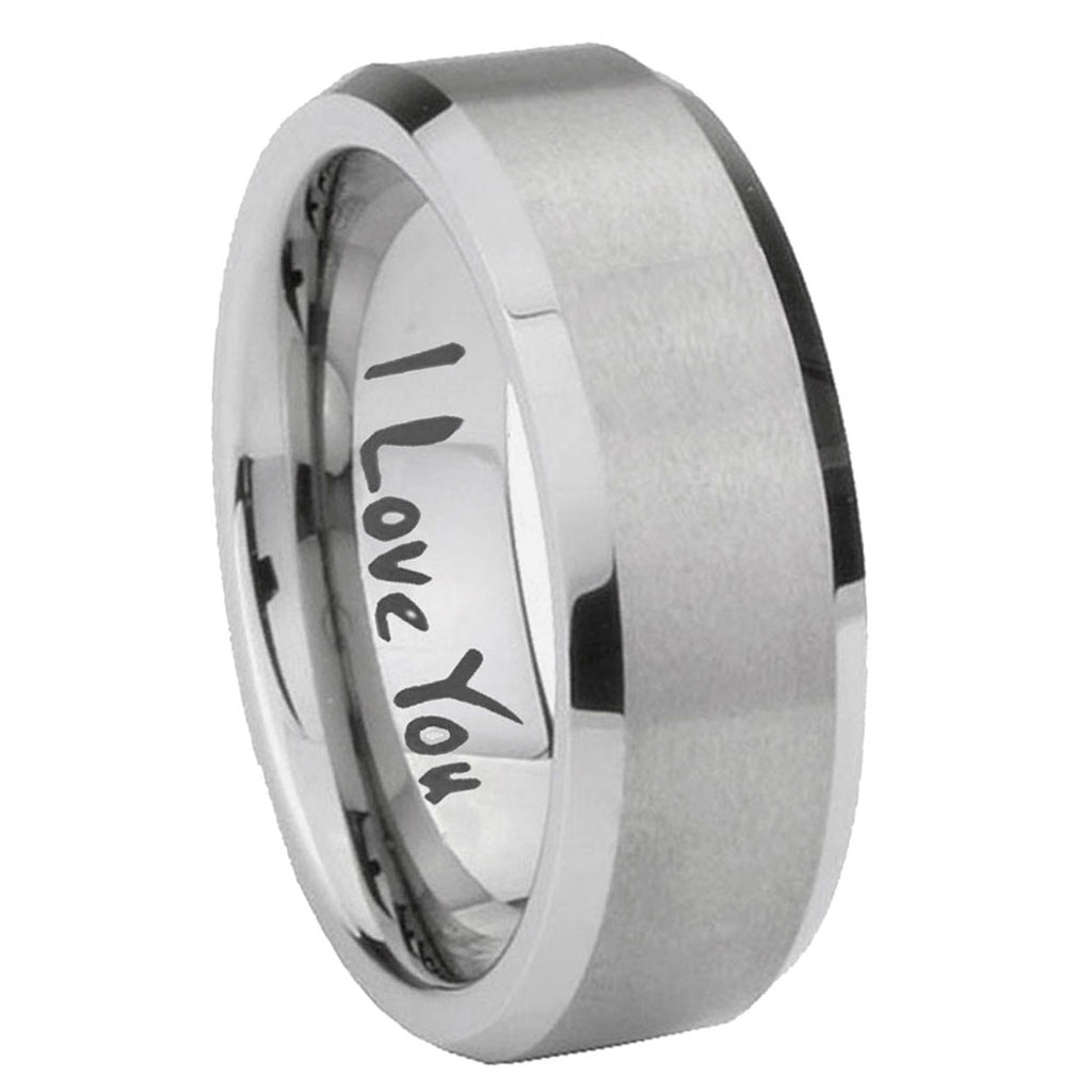 10mm I Love You Beveled Edges Matte Grey Tungsten Carbide Men's Engagement Band