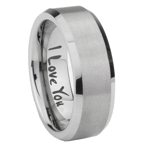 10mm I Love You Beveled Edges Matte Grey Tungsten Carbide Men's Engagement Band
