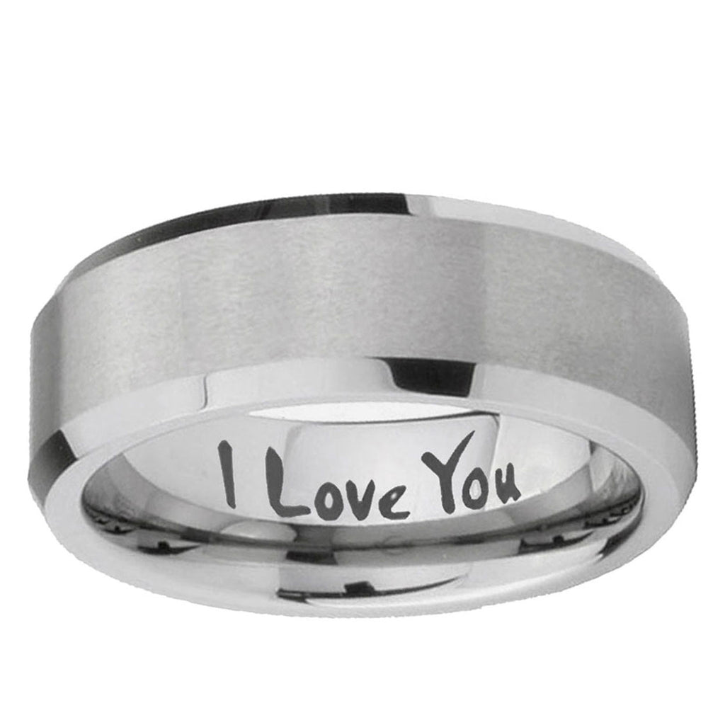 10mm I Love You Beveled Edge Matte Grey Tungsten Ring