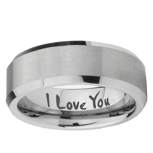 10mm I Love You Beveled Edge Matte Grey Tungsten Ring
