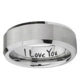 6, 8mm I Love You Beveled Edge Brushed Grey Tungsten Ring